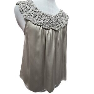 Silk Sleeveless Oyster Grey Blouse Size M Crochet/Beaded Collar Luxury